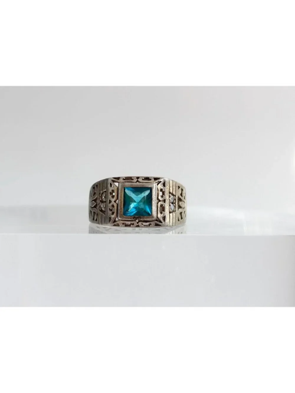 Blue Topaz Tapered Square Cut Cutout Sterling Silver 925 Vintage Ring - sz 9.5